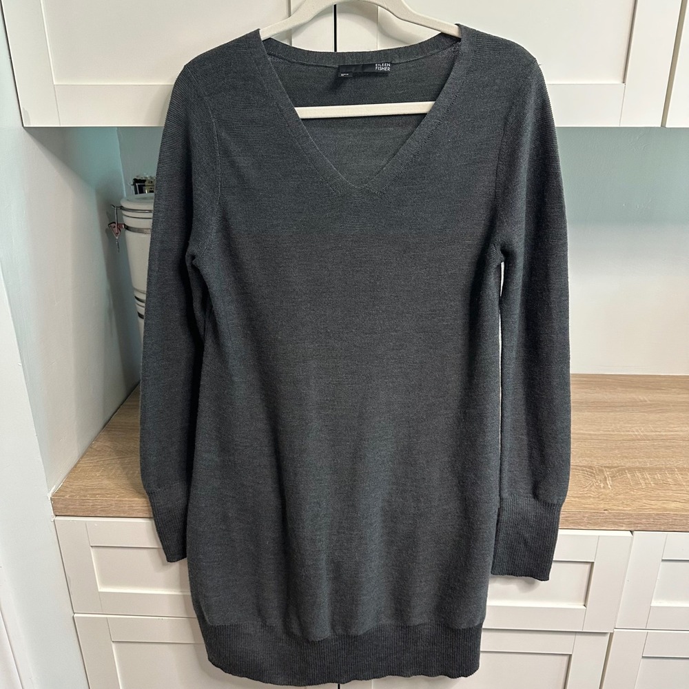 Eileen Fisher Tunic Sweater Women M Gray V-Neck 100% Merino Wool Italian Yarn